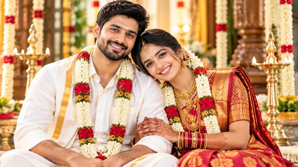 A smiling couple in traditional wedding attire, wearing flower garlands